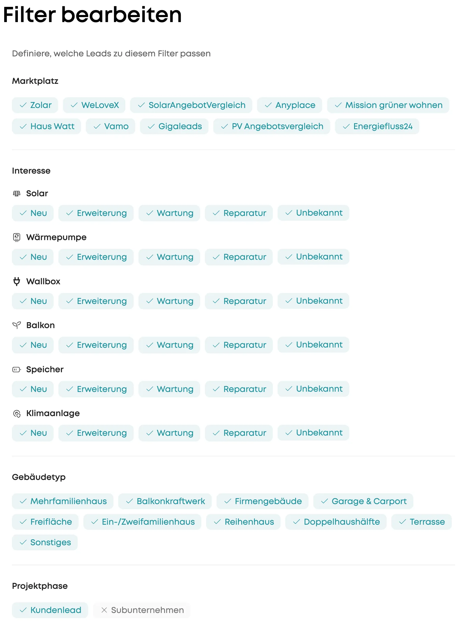 Edit Filter — narrow leads by trade, interest and building type