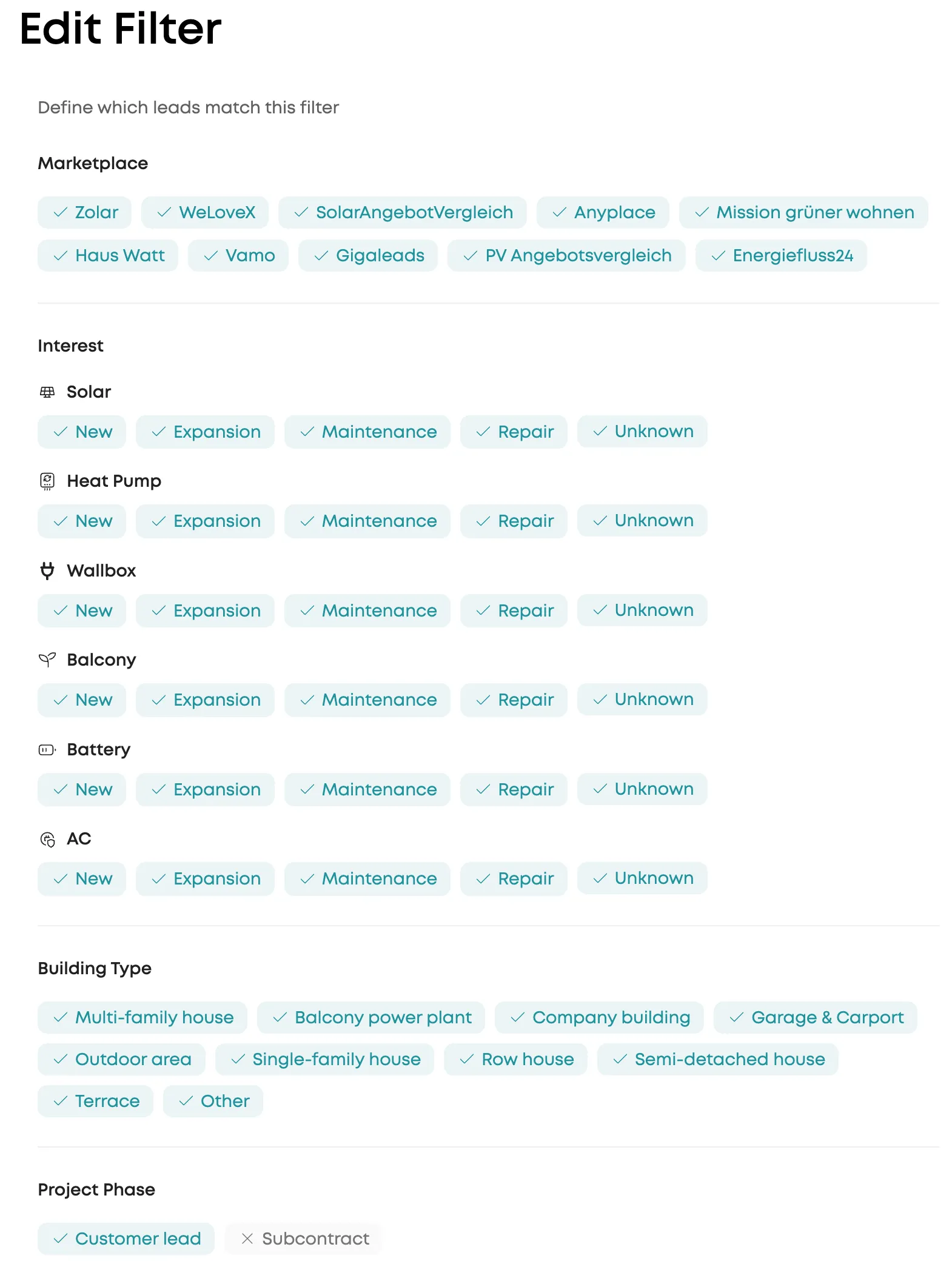 Edit Filter — narrow leads by trade, interest and building type