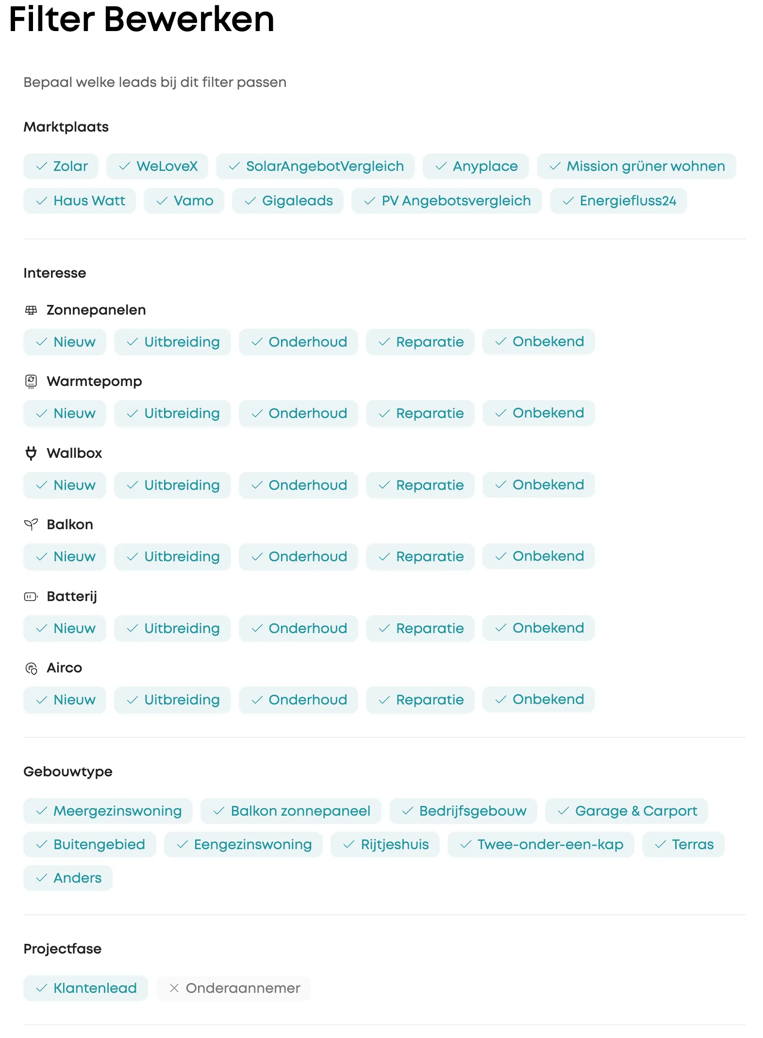 Edit Filter — narrow leads by trade, interest and building type