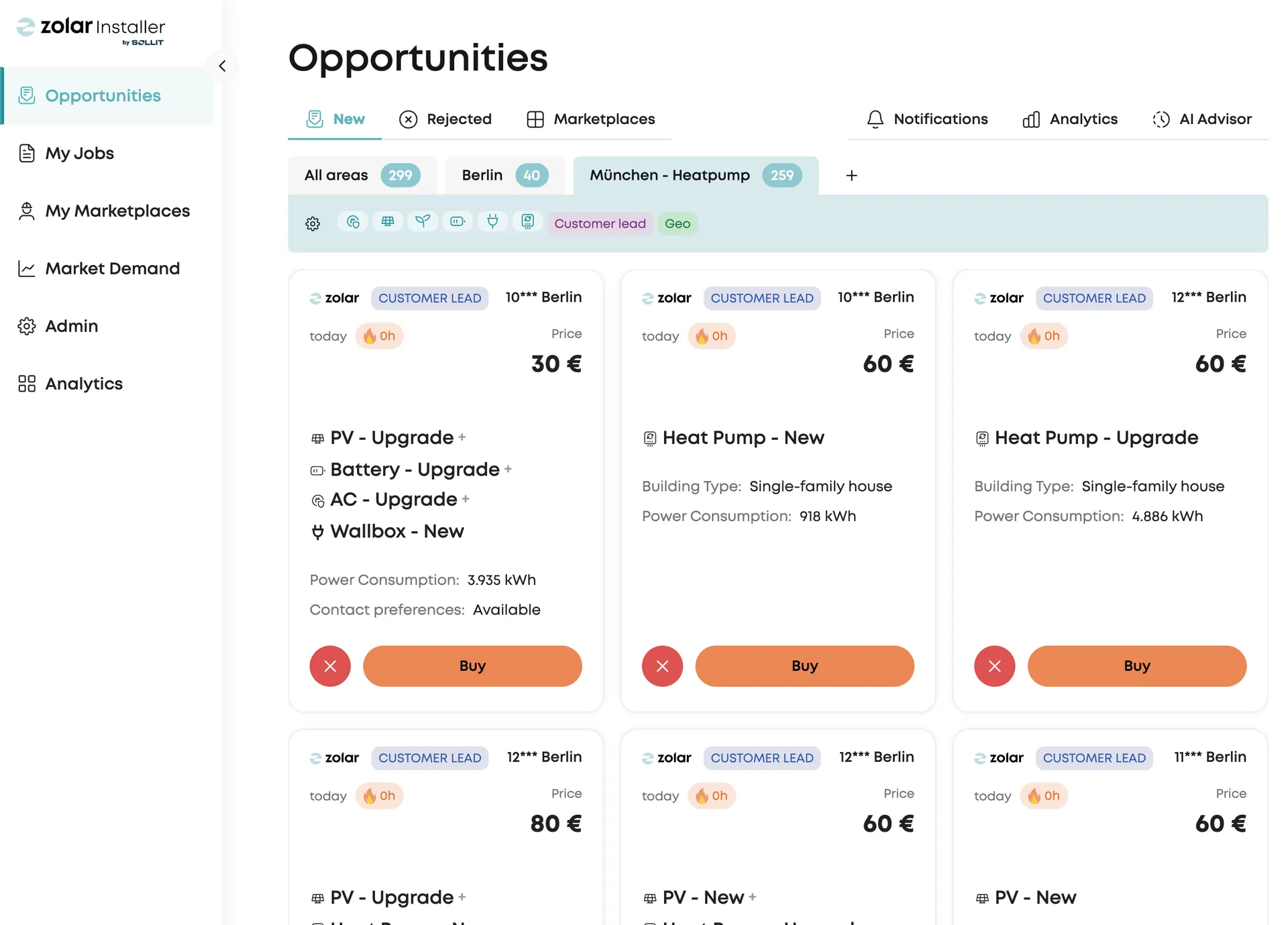 zolar Installer — Opportunities feed with live renewable-energy leads